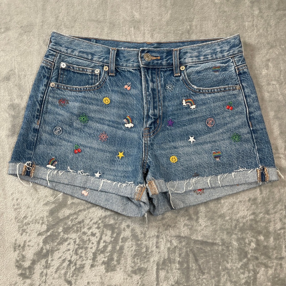 American Eagle Shorts Size 4 90s Boyfriend Embroidered Rainbow Blue Denim